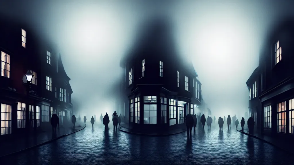 Image similar to a black sphere with glowing edges over old town with houses in the windows of which the light is on and a crowd of people on street. early morning, fog on ground, wet street. mike barr painting. volumetric light, dull colors, dark, noir arthouse, 3 5 mm, hight detalied, hd, 4 k