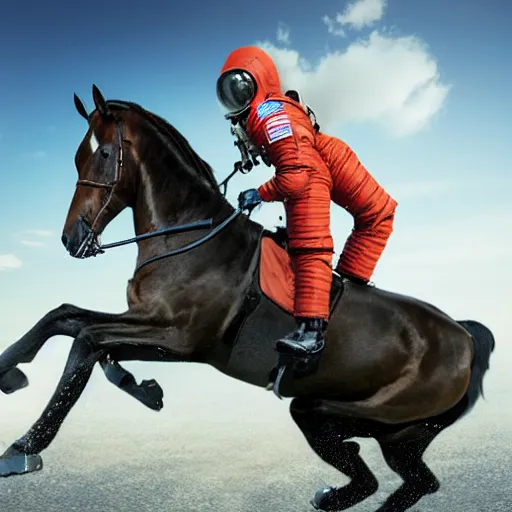 Image similar to A realistic photograph of an astronaut riding a horse