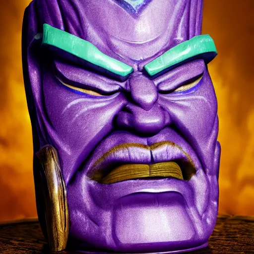 Image similar to a closeup photorealistic photograph of a glossy thanos style tiki mug sitting at a trader vic's bar featuring the face of thanos. tiki party. bright scene. fine detail. this 4 k hd image is trending on artstation, featured on behance, well - rendered, extra crisp, features intricate detail, epic composition and the style of unreal engine.