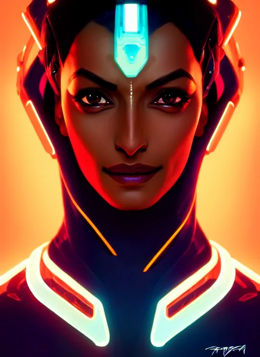 Image similar to symmetry portrait of symmetra from overwatch, closeup, sci - fi, tech wear, glowing lights intricate, elegant, highly detailed, digital painting, artstation, concept art, smooth, sharp focus, illustration, art by artgerm and greg rutkowski and alphonse mucha