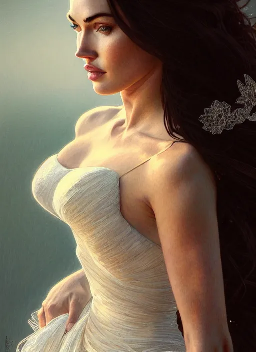 Image similar to portrait of megan fox as a bride, marriage, vail, wedding dress, white, gull, intricate, headshot, highly detailed, digital painting, artstation, concept art, sharp focus, cinematic lighting, illustration, art by artgerm and greg rutkowski, alphonse mucha, cgsociety