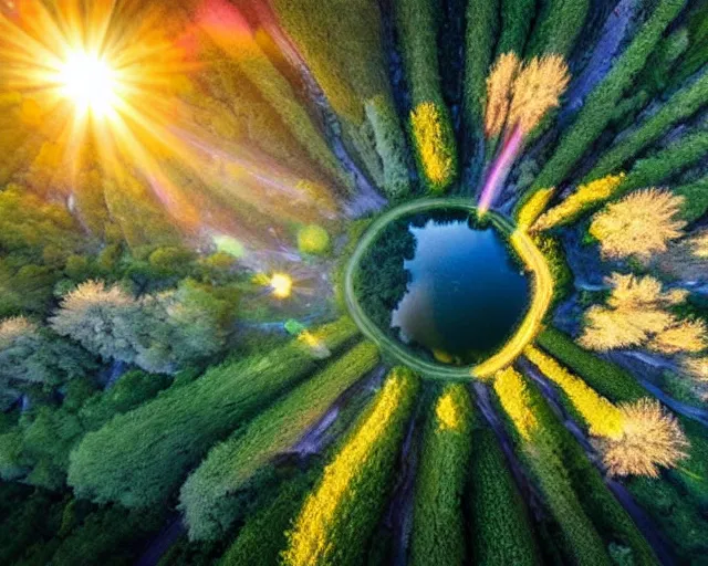 Image similar to the world seen from above. 16k utopian future serene beautiful landscape photography of the garden of eden. lake reflections in the foreground, fruit tree's and animals everywhere. sun rays shining through the trees. lens flare. sunset, dramatic lighting by Marc Adamus on mushrooms.