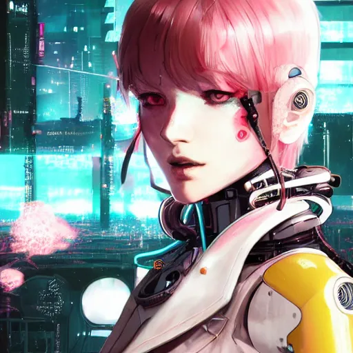 Prompt: highly detailed portrait of a post-cyberpunk robotic young lady with cybernetic face mods by Akihiko Yoshida, Greg Tocchini, Greg Rutkowski, Cliff Chiang, 4k resolution, persona 5 inspired, vibrant pink,brown, yellow, white and black color scheme with sparking stray wiring