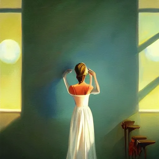 Prompt: a painting of a woman in a white dress pondering life as she watches the sun set, an airbrush painting by rhads, deviantart, fantasy art, sunrays shine upon it, deviantart, mystical