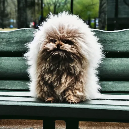 Image similar to a photo of a fluffy monster sitting at a park bench alone in the rain, moody, nostalgic, 8 k uhd