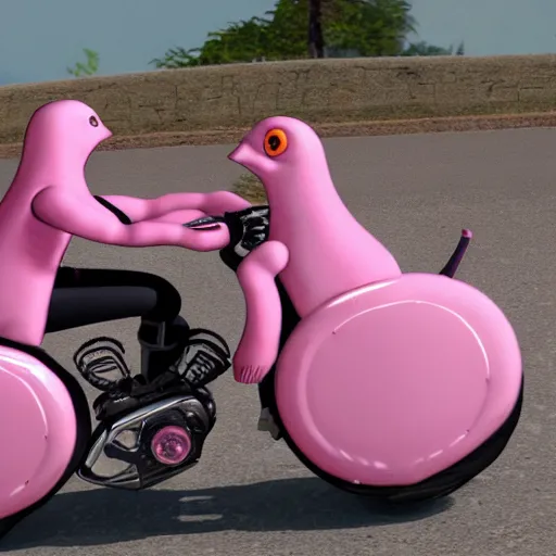 Prompt: pink female Squid creatures riding a motorcycle