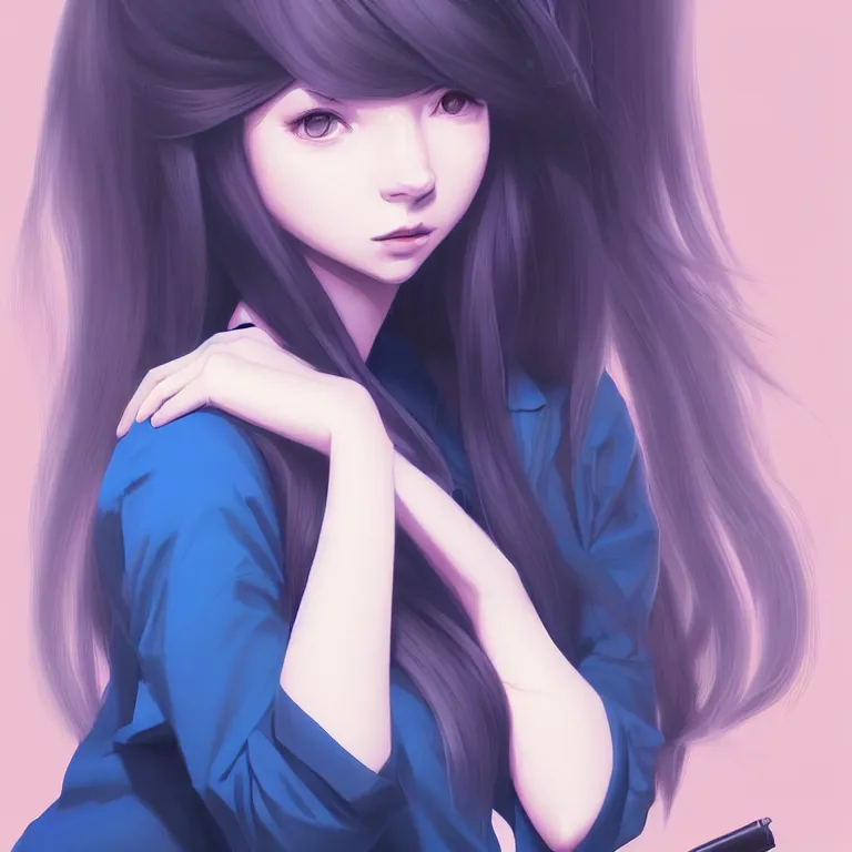 Image similar to urban high school girl in shirt fanart, dark blue long hair, muted colors, matte print, pastel colors, ornate, digital art, digital painting, fan art, elegant, artstation, by Ilya Kuvshinov