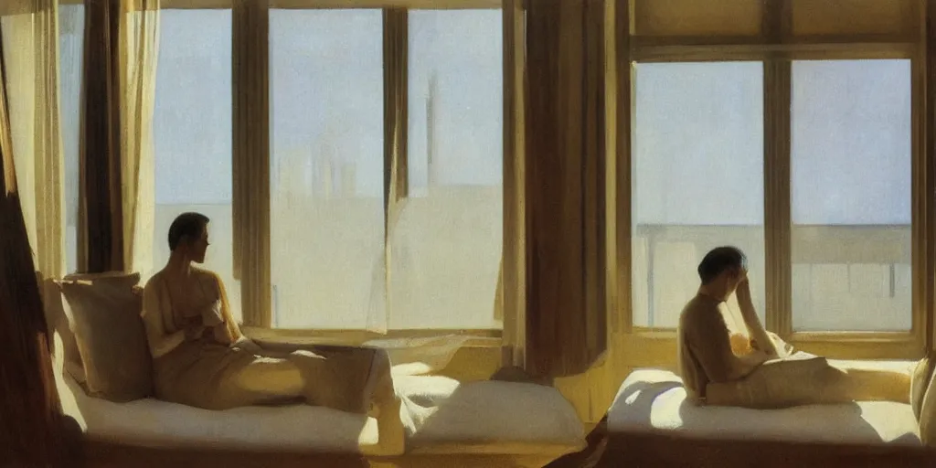 Image similar to a couple in a hotel room by the window, peaceful, quiet, morning sunlight, by edward hooper