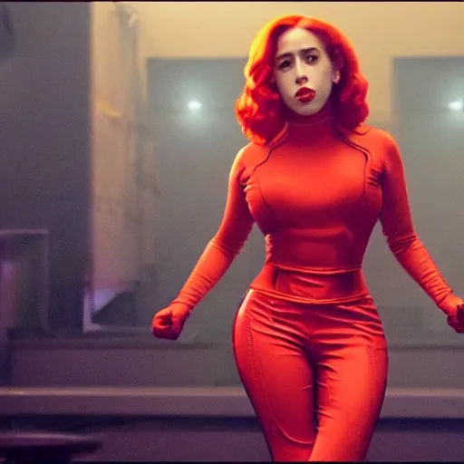 Prompt: Singer Kali Uchis as White as Marvel's Black Widow, red hair, excellent composition, cinematic atmosphere, precise facial anatomy, dynamic dramatic cinematic lighting, precise correct anatomy, aesthetic, very inspirational, grindhouse