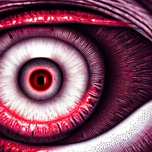 Image similar to a detailed extremely close up of inside the iris, cornea, red image, microscopic, extremely close up drawing by junji ito, cgsociety, generative art, lovecraftian, parallax, cosmic horror, extremely detailed, hyperrealism, unreal engine, octane render, award winning, masterpiece, highly detailed, realistic, 4 k, digital