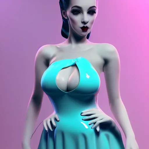 Prompt: an elegant curvy feminine pale goth cutie wearing an elaborate latex-nylon-leather white-cyan dress, thin waist, tube-top dress, cgsociety, photorealistic, 16k, smooth, sharp focus, trending on ArtStation, volumetric lighting, worksafe, sublime-comforting-intriuging ambience