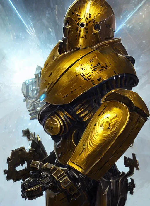 Image similar to dynamic attack position abstract portrait of a intricate glorious holy mechanical warforged character in yellow armor holding a paladin engraved great longsword drawn and carrying a big paladin shield, beam projector when eye is, face in focus, epic , trending on ArtStation, masterpiece, cinematic lighting, by Ross Tran and by Greg Rutkowski