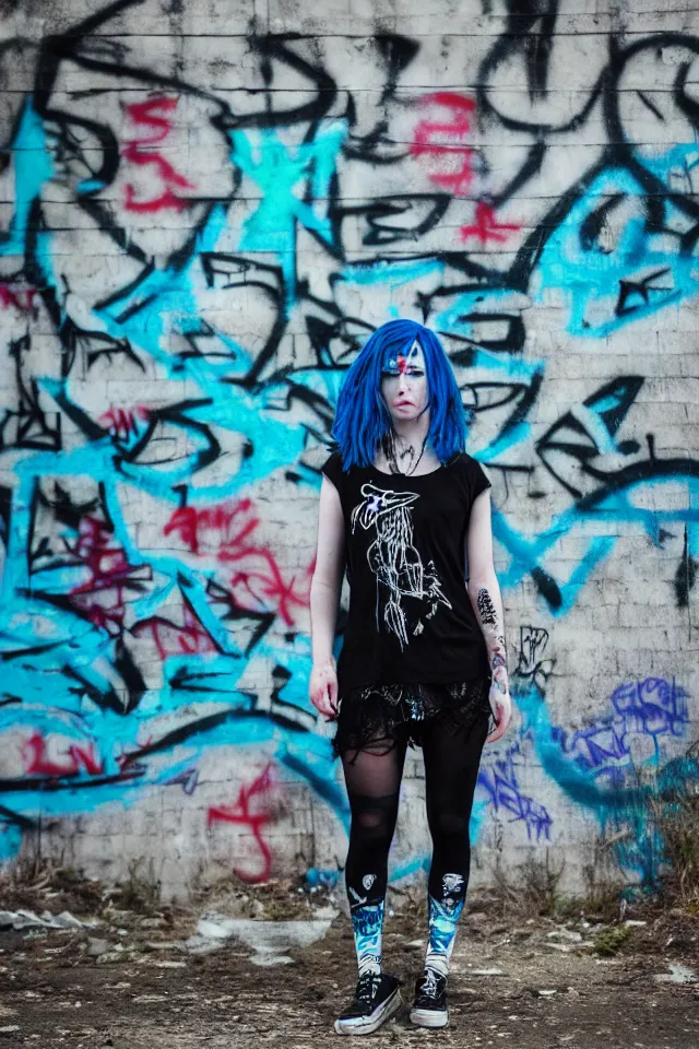 Image similar to a portrait of a grunge emo girl who has blue hair, a nose ring, black nails, fish net leggings, and is outside of a abandoned building with graffiti on it. Shallow depth of field. 4k hyperdetailed. Rendered with octane.