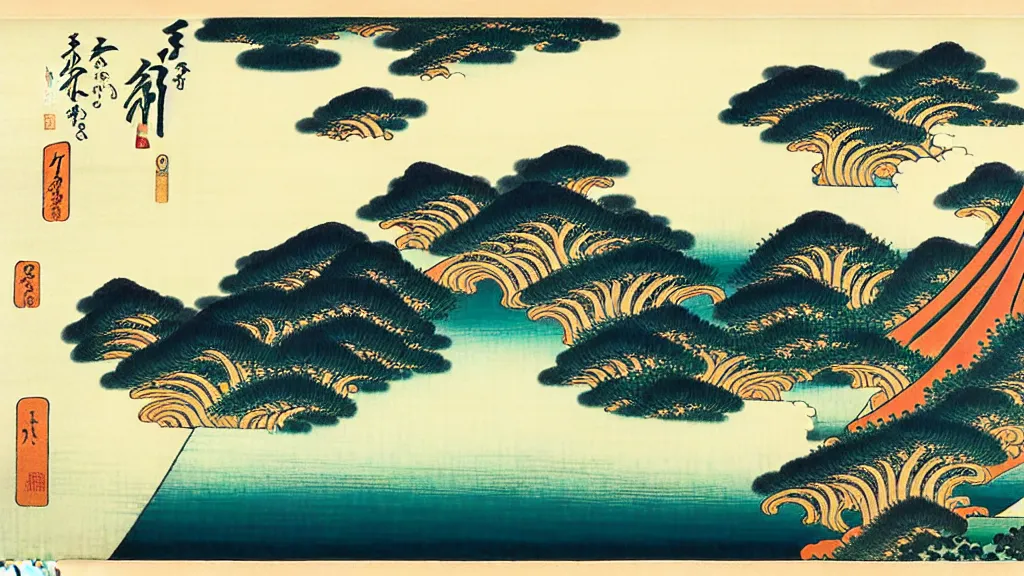 Prompt: landscape, by katsushika hokusai, calligraphy, pastel art, happy, feng shui, ray tracing reflections