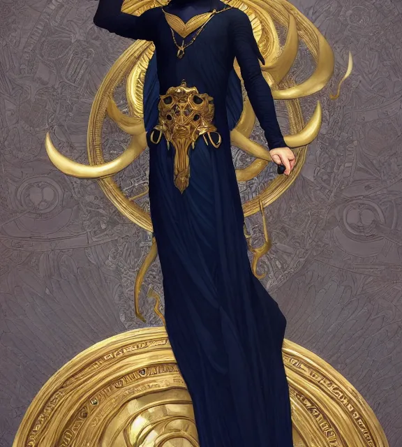 Image similar to god of death, young male, in the underworld, elegant dark blue dress, very detailed, throne, very intricate details, jewelry, gold eyeshadow, elaborate long black hairstyle, wings, cinematic, artstation, william bouguereau, alphonse mucha, greg rutkowski, rossdraws, octane render