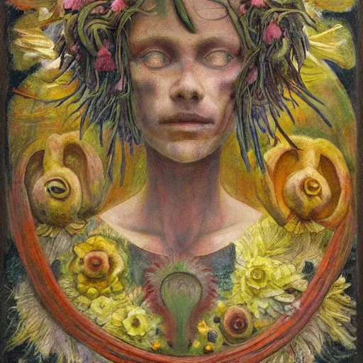 Image similar to masterpiece painting of a facemask made of flowers, by annie swynnerton and jean delville and tino rodriguez and diego rivera, flower shaman, spooky dark eldritch art, art brut, symbolist, dramatic lighting, god rays, elaborate geometric ornament, clean crisp graphics, soft cool colors, smooth sharp focus, extremely detailed, adolf wolfli