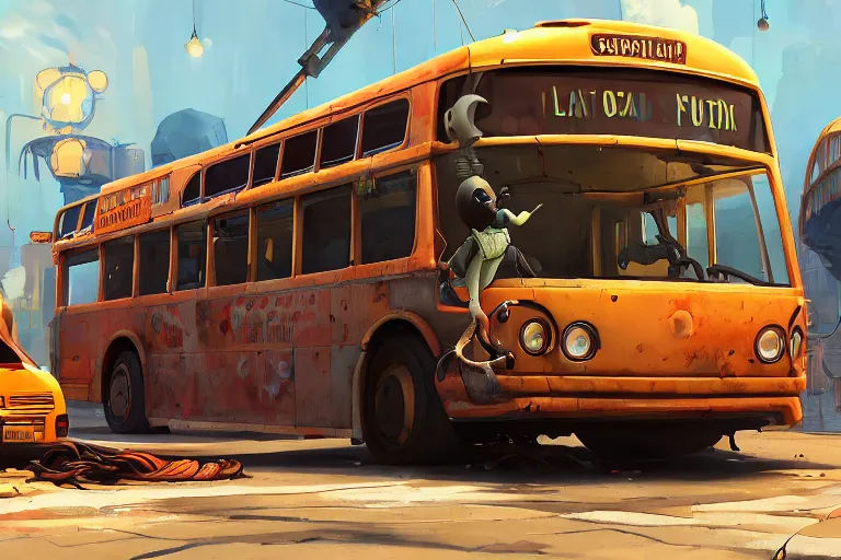 Prompt: a cartoony public bus, electric cables, various items, in the style of Rayman origins, michael ancel, Ruan Jia and Mandy Jurgens and Greg Rutkowski, trending on Artstation, award winning, unreal engine, octane render H 1024