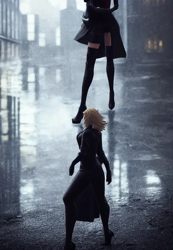 Prompt: cosmopolitan model annie leonhart posing with open toe heels in dunwall city, beautiful face, detailed face, cinematic lighting, rainy weather, melancholy atmosphere, volumetric light, octane render, gothic architecture, realistic reflections, octane render 8 k, model agency, instagram photo, depression and despair