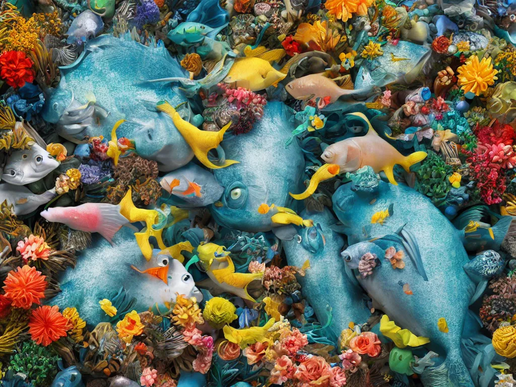 Image similar to a sculpture of fish ocean intertwined, a lovely cornucopia of flowers and human body parts, body parts, highly detailed, octane render, cinematic, shock, sharp focus, annular