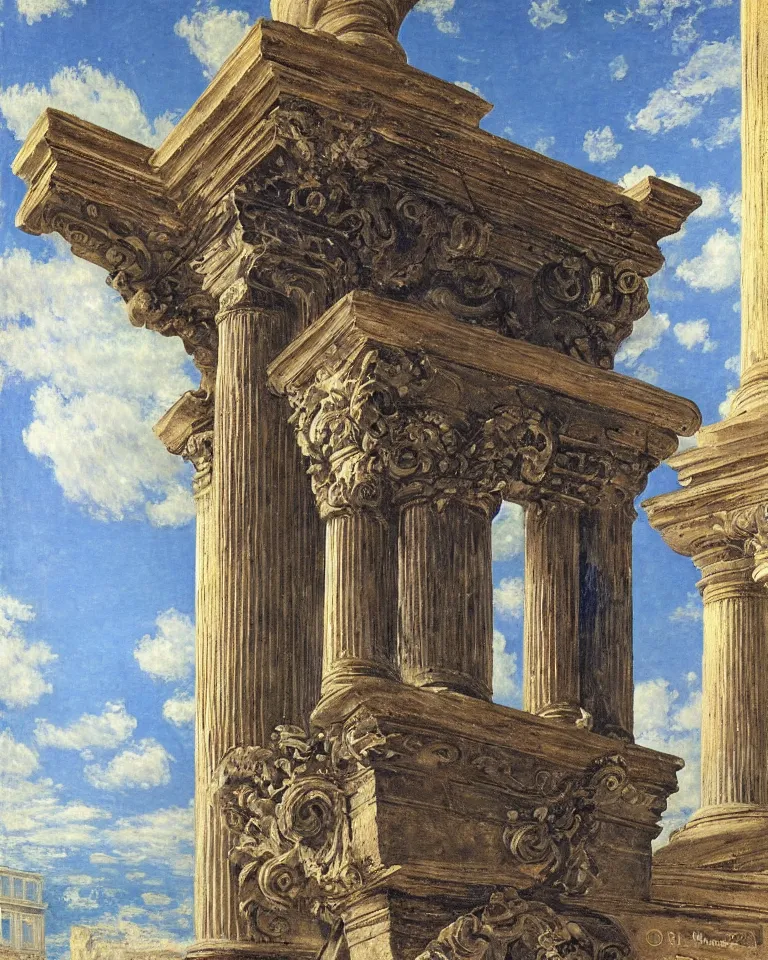 Prompt: achingly beautiful painting of intricate ancient roman corinthian capital on sapphire gemstone background by rene magritte, monet, and turner. giovanni battista piranesi.