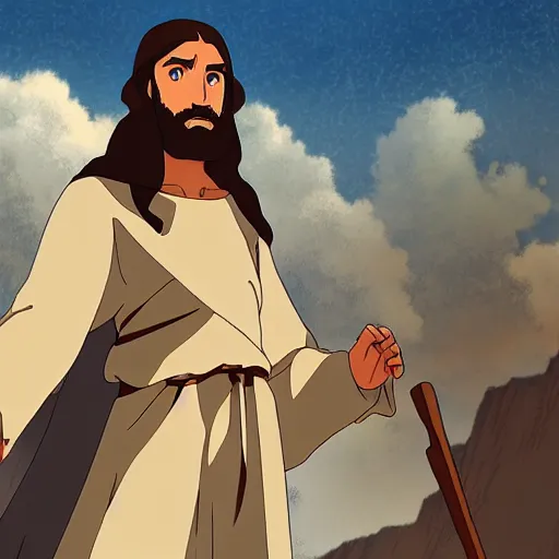 Prompt: jesus of nazareth as a handome anime man in the style of studio ghibli, highly detailed, full color, trending on artstation