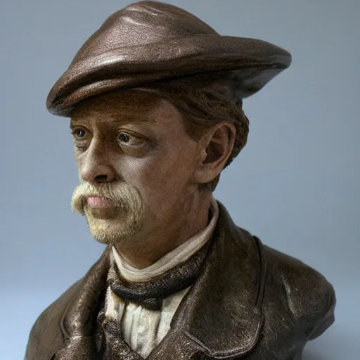 Image similar to hyper realistic closeup bust of a new england fisherman, steve buscemi, painted, colorized, bossons vintage chalkware, by emile renouf