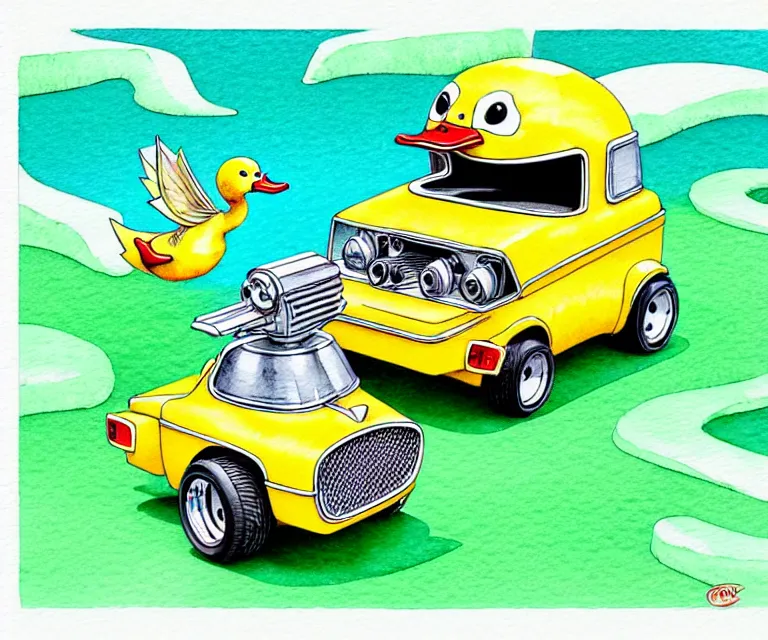 Image similar to cute and funny, duckling driving a tiny hot rod with an oversized engine, ratfink style by ed roth, centered award winning watercolor pen illustration, isometric illustration by chihiro iwasaki, edited by craola, tiny details by artgerm and watercolor girl, symmetrically isometrically centered