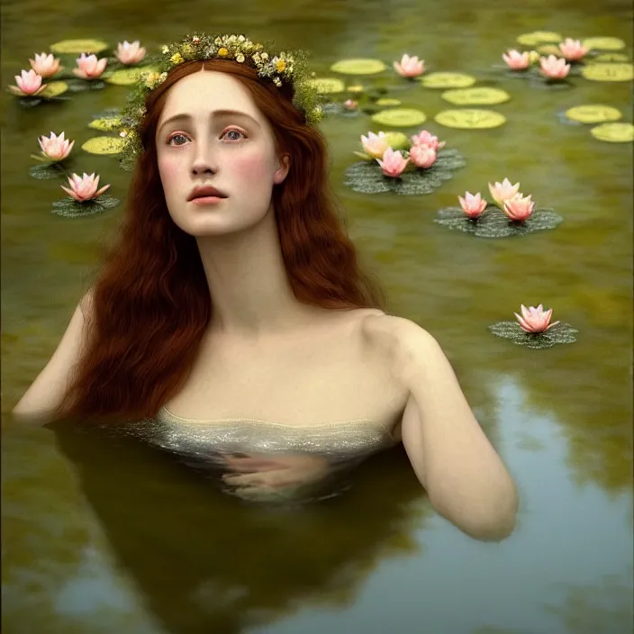 Image similar to Kodak Portra 400, 8K, soft light, volumetric lighting, highly detailed, britt marling style 3/4 ,portrait photo of a beautiful woman how pre-Raphaelites painter, the face emerges from the water of a pond with water lilies, inspired by Ophelia paint , a beautiful lace dress and hair are intricate with highly detailed realistic beautiful flowers , Realistic, Refined, Highly Detailed, natural outdoor soft pastel lighting colors scheme, outdoor fine art photography, Hyper realistic, photo realistic