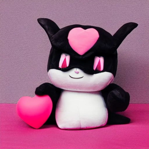 Prompt: cute fumo chibi plush imp, black and white with pink ribbon and hearts, soft shadow, vray