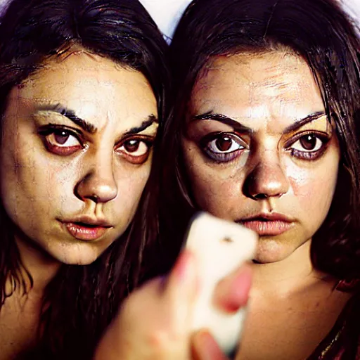 Image similar to Selfie photograph of Mila Kunis and Mila Kunis, golden hour, 8k, photographed by Erwin Olaf