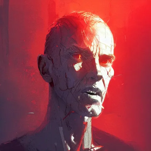 Prompt: portrait of an emaciated man bathed in red light, dramatic lighting, illustration by Greg rutkowski, yoji shinkawa, 4k, digital art, concept art, trending on artstation