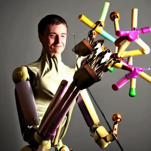 Image similar to weird humanoid robot juggling 5 clubs, glamour shot