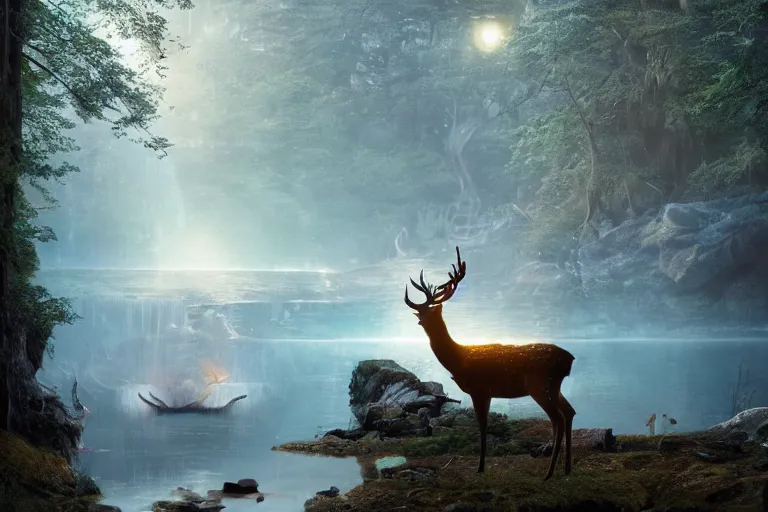 Image similar to deer god with glowing antlers next to lake and waterfall, moonlight, art by artgerm and greg rutkowski, cinematic shot, intricate, photorealistic, artstation, realistic, 1 0 0 mm, photography, octane, high definition, depth of field, bokeh, 8 k