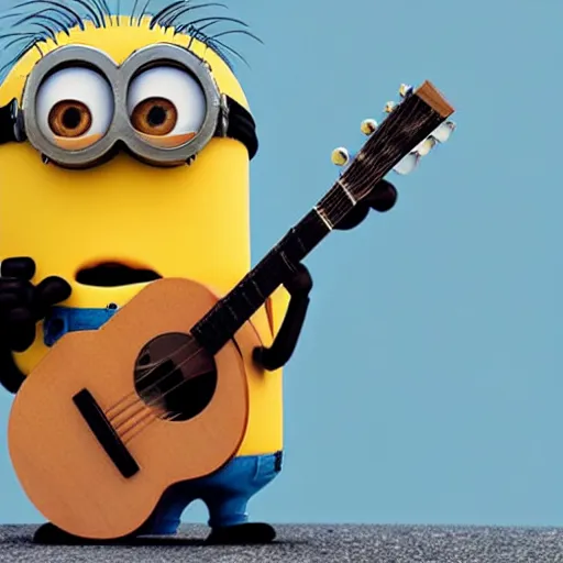 Image similar to super cute minion playing the guitar at the White House, movie still