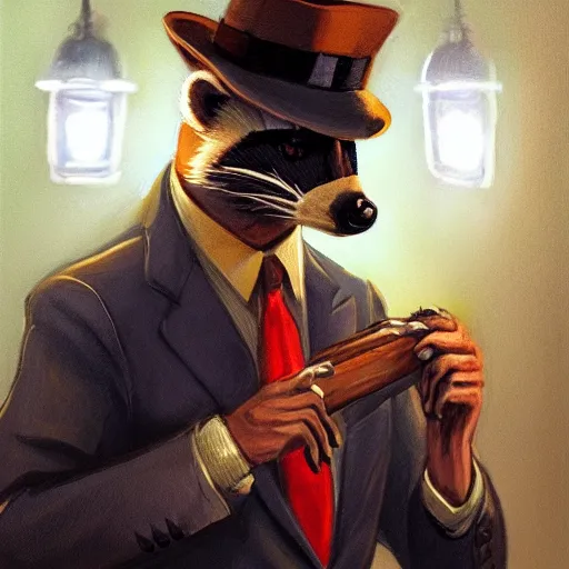 Image similar to a racoon wearing a suit smoking a cigar, dramatic lighting, cinematic, establishing shot, extremly high detail, photorealistic, cinematic lighting, artstation, style by James Gurney