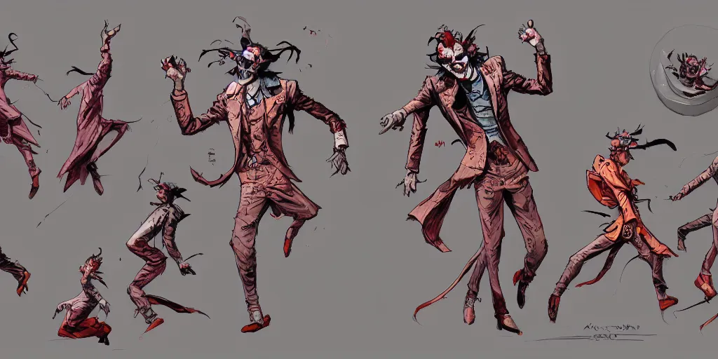 Image similar to cartoonish joker dancing in the night, vivid colors, character sheet, fine details, concept design, contrast, kim jung gi, greg rutkowski, enki bilal, trending on artstation, 8 k, full body, turnaround, front view, back view, ultra wide angle