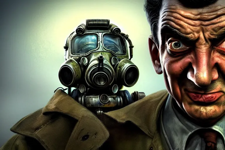 Image similar to fallout 5, detective mr bean as protagonist, face closeup, atmospheric lighting, painted, intricate, volumetric lighting, beautiful, daytime, winter, clear weather, mutated wildlife, sharp focus, deep colours, ultra detailed, art by william turner