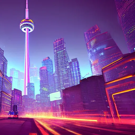 Image similar to Neon cyberpunk cityscape of Toronto Canada including CN tower with flying cars and advertisement screens, Blender 3D, Unreal Engine, 8k, by Jordan Grimmer and Andrea Pozzo