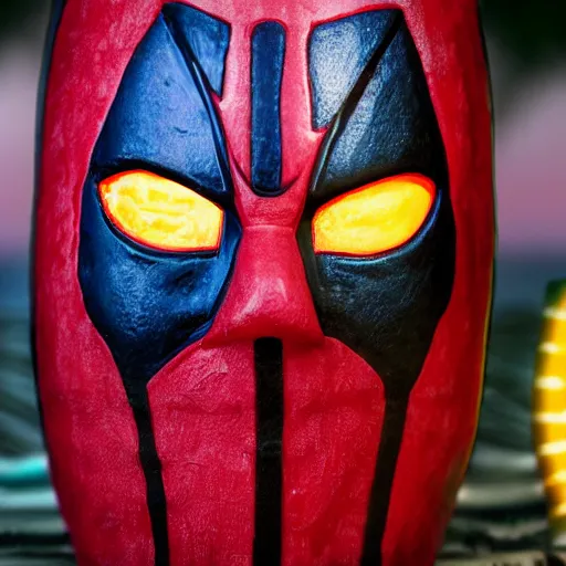 Image similar to a closeup photorealistic photograph of a deadpool style tiki mug sitting at a trader vic's beach bar featuring the face of deadpool. tiki party. bright scene. fine detail. this 4 k hd image is trending on artstation, featured on behance, well - rendered, extra crisp, features intricate detail, epic composition and the style of unreal engine.