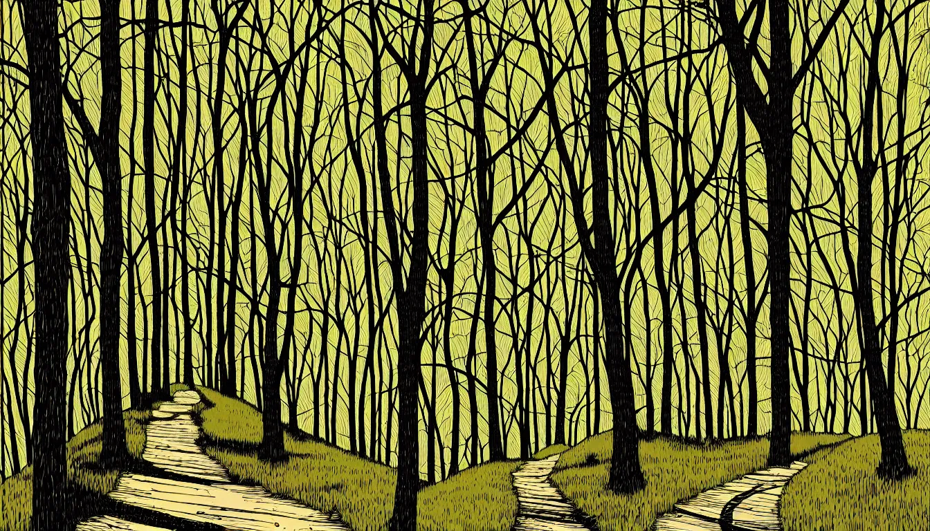 Prompt: hiking trail beneath trees by dan mumford and peter doig and edward hopper, symmetrical, minimal, black ink, thick lines highly detailed, muted colours 8 k
