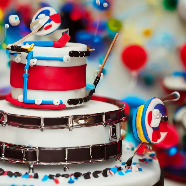 Image similar to a 4 k photograph of a birthday cake sculpture of a drum set