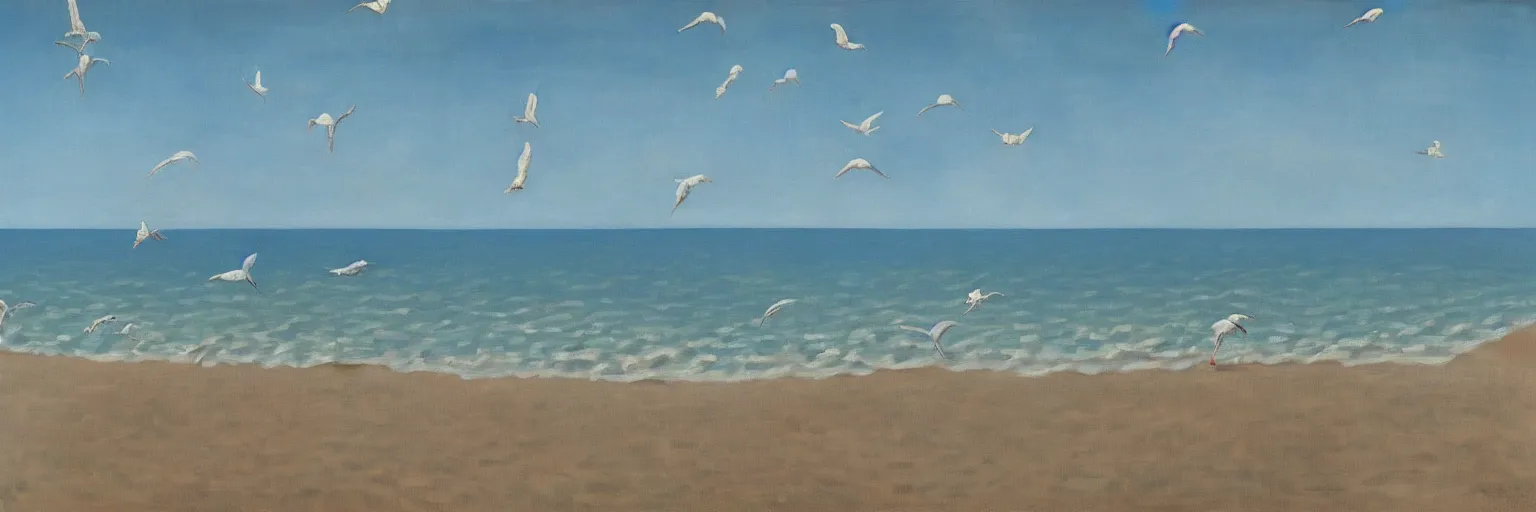 Image similar to beach front seagulls oil painting magritte