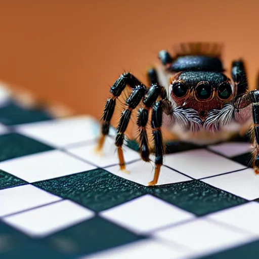 Prompt: two jumping spiders playing chess with a mantis as referee