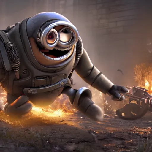 Image similar to Minions from ((Despicable Me)) in 'Gears of War', splash art, movie still, cinematic lighting, detailed face, dramatic, octane render, long lens, shallow depth of field, bokeh, anamorphic lens flare, 8k, hyper detailed, 35mm film grain