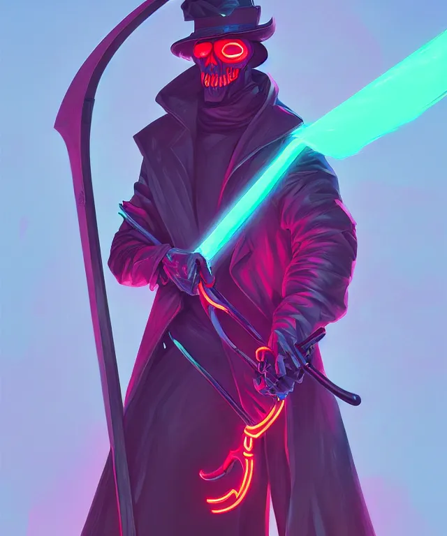 Image similar to a portrait of a neon grim reaper holding a scythe, fantasy, elegant, digital painting, artstation, concept art, matte, sharp focus, illustration, art by josan gonzalez