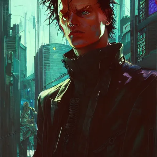 Image similar to apocalyptic cyberpunk man portrait by gaston bussierre and charles vess and james jean and erik jones and rhads, inspired by ghost in the shell, beautiful fine face features, intricate high details, sharp, ultradetailed