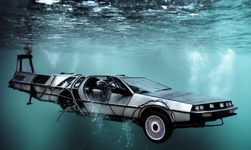 Image similar to photo of a delorean go lightspeed underwater