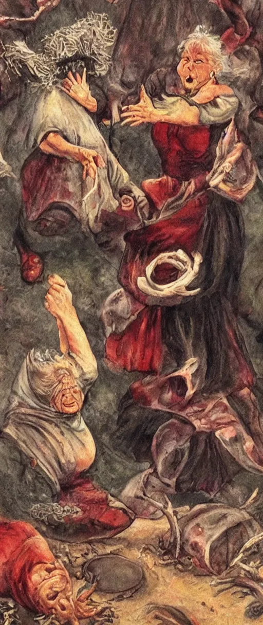 Image similar to grandma witches dancing around a fire with old skin and muscle and fat and blood