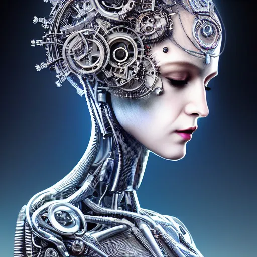 Image similar to portrait of the beautiful young robotic goddess of metal, surreal, fantasy, intricate, mechanical, elegant, dramatic lighting, emotionally evoking symbolic metaphor, highly detailed, gears, lifelike, photorealistic, digital painting, painterly, artstation, concept art, smooth, head in focus, sharp focus, illustration, art by John Collier and Krenz Cushart and Artem Demura and Alphonse Mucha and Albert Aublet,