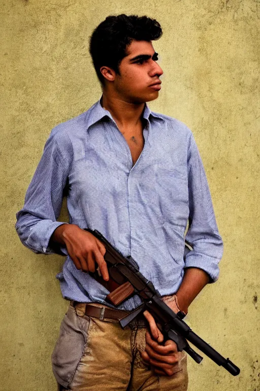 Image similar to a portrait of a handsome 2 3 years old cuban man holding a gun